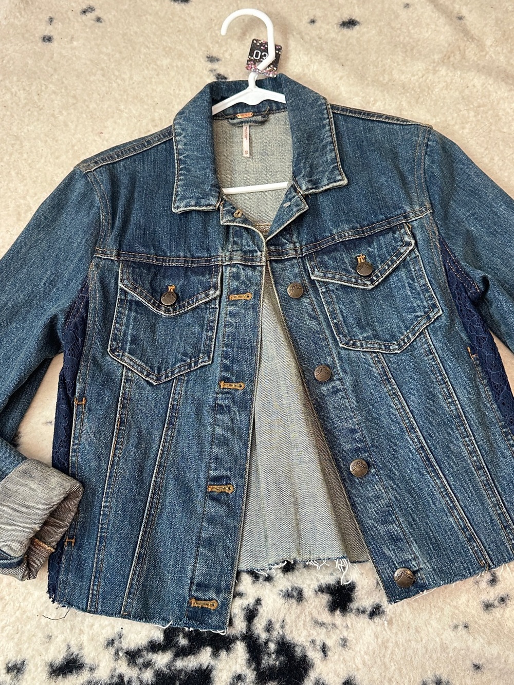 Free People Distressed Denim Lace Jacket